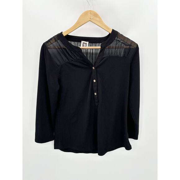 Anne Klein Top Women SIZE Medium Black Long Sleeve Split V-Neck Button Detail - Picture 1 of 7